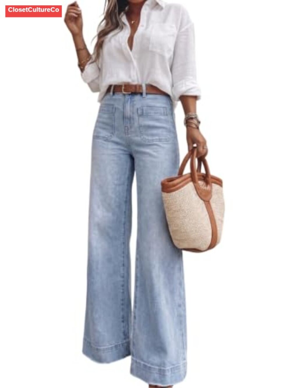 Women's High Waisted Wide Leg Jeans Stretch Denim Retro Patch Pockets